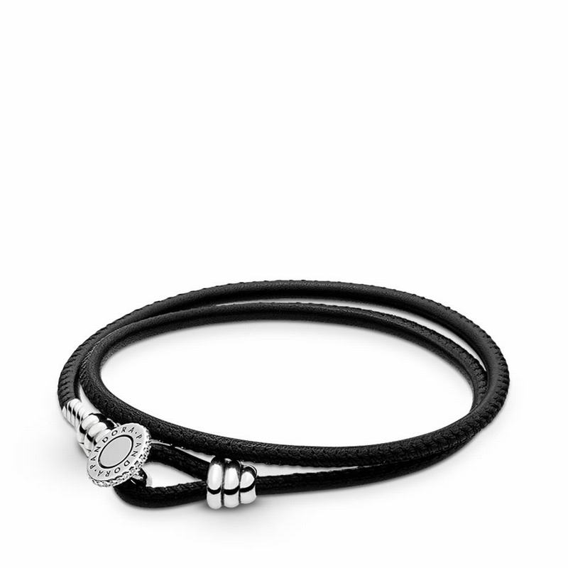 Pandora Black Double Leather Bracelet Ireland - Sterling Silver/Leather/Black/Cubic Zirconia - 25364